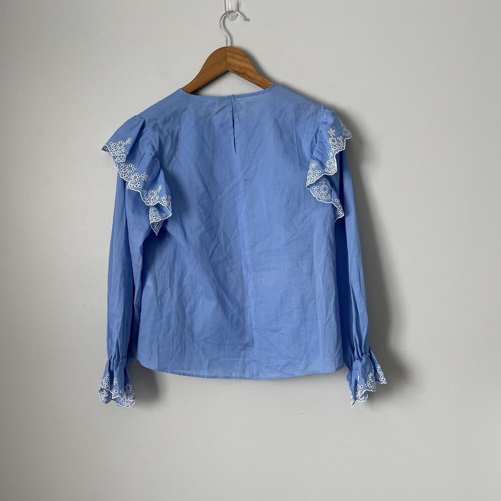 Zara Cotton Blouse Eyelit Ruffle Embroidered Details Long Sleeve Women's XS - Picture 4 of 11